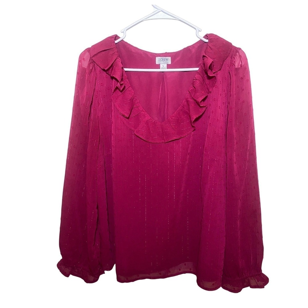 J.Crew Boho Womens Large Ruffled Swiss Dot Long Sleeve Blouse Magenta Metallic